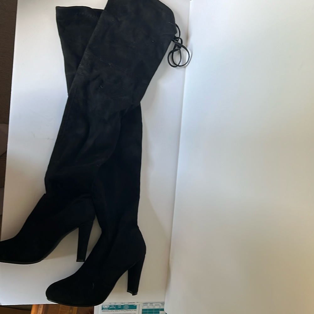 Thigh high black faux suede boot